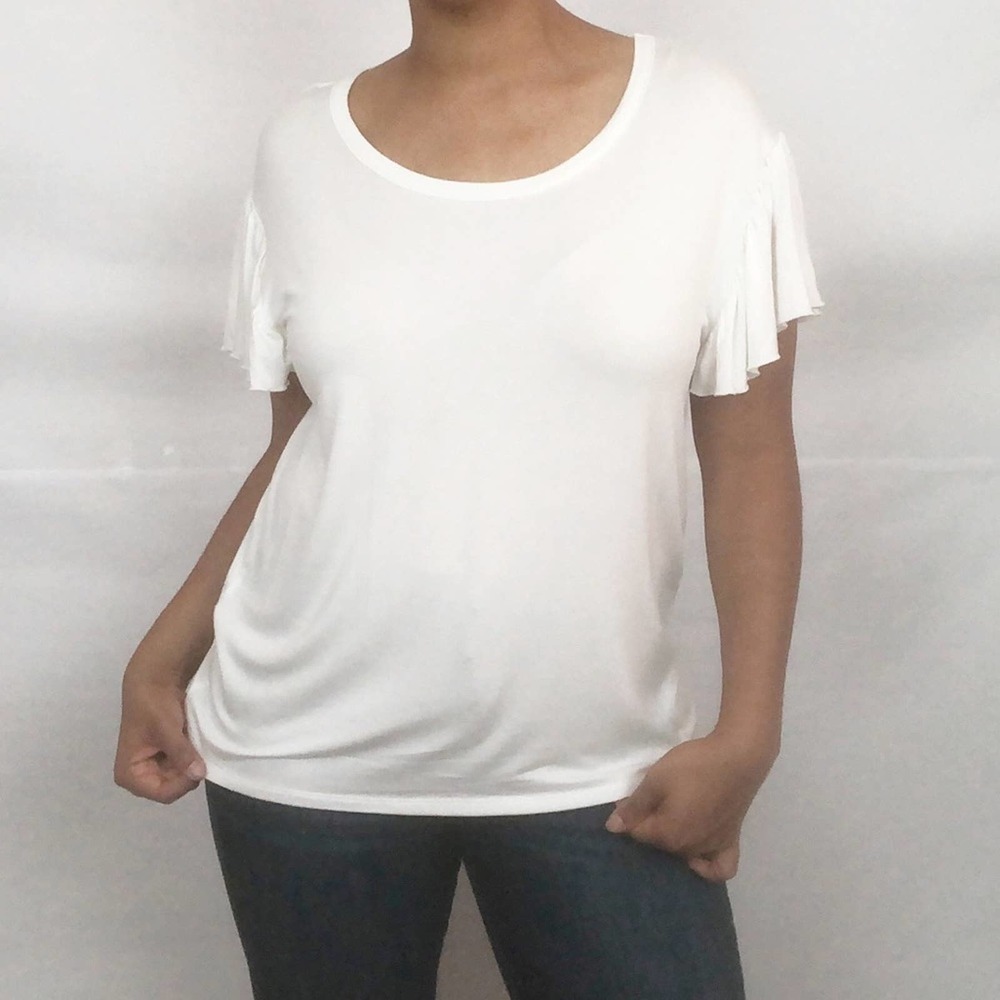 NWT Chaser‎ Ivory White Flutter Ruffle Sleeve Tee Medium